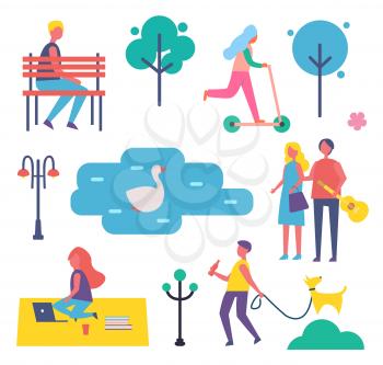 Park and people in summer set of icons vector. Man sitting on bench, couple with guitar, freelancer on blanket with laptop working, lake and swan
