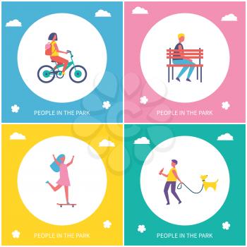 People play and walk in park cartoon style vector banner set. Teenagers resting on bench and walking dog on leash, riding bicycle and on skateboard