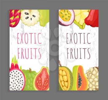 Exotic fruit restaurant and cafe menu cover vector template. Pitaya and guava, sugar apple and jackfruit, papaya and marang, champoo and passion fruit