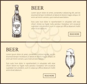 Beer bottle and big full tulip glass with foam vintage hand drawn vector illustration in sketch style landing page with text sample for brew house.
