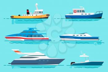 Small steamer, blue fishing boat, modern luxury yachts for sea walks and simple motor boat stand on water surface vector illustration.