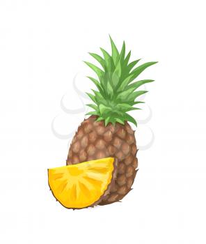 Pineapple tropical fruit isolated icon vector. Exotic fresh nutritious plant with leaves, sliced product. Succulent vegan product contain vitamins