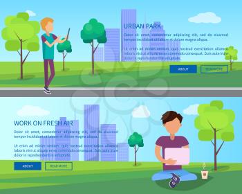 Work on fresh air in urban park web banners set. Guys chatting using computer technologies in free wi-fi zone vector illustration in flat design