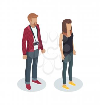 Photographer people standing with camera on lace on neck. Camerists cameraman profession of couple. Working reporters 3D isometric vector Illustration