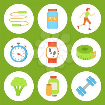 Jumping rope and bottles with pill, powders supplements. Icons set running woman, wristband showing quantity of steps. Broccoli and dumbbelles vector