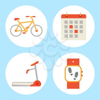 Treadmill and bicycle isolated icons set. Bike and running track mechanical device for jogging in gym, Fitness watch and calendar with dates vector