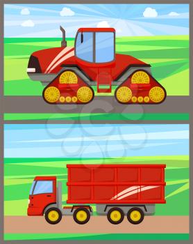 Tractor and grain truck set vector. Field works of agricultural machinery and automation devices. Agrimotor with cabin and van transportation harvest