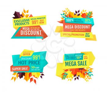 Mega autumn discount with hot price emblems set. Sale and special offer for fall, dry leaves. Off or reduction logos vector illustrations isolated.