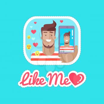 Blogger like me, man using phone stickers vector. Emojis and emoticons reaction to story of male. Person smiling on camera streaming online in account