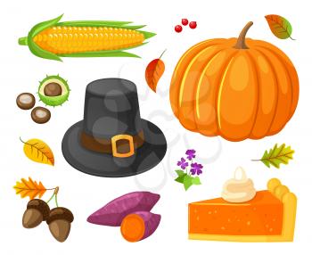 Dessert cake and sweet cake piece isolated icons set vector. Chestnut and acorn, beetroot and hat cap, leaves and foliage of autumn. Corn and flowers