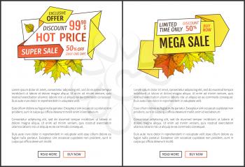 Mega sale promo posters with maple leaves, oak foliage autumn symbols on advert leaflet. Exclusive offer only one day on Thanksgiving special price 99.90