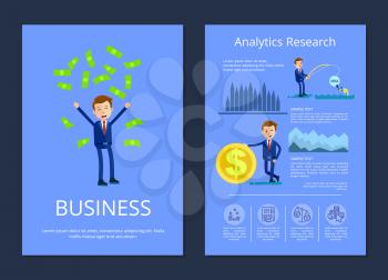 Business and analytic research, man tossing up money and businessman fishing money and standing by big coin, charts and text vector illustration