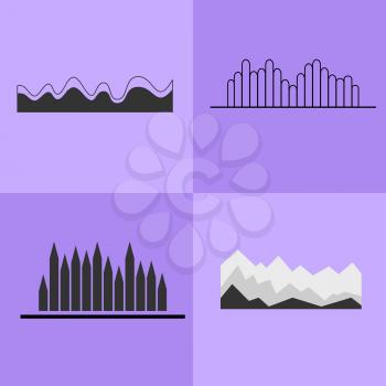 Line chart and wavy graph set of four icons with broken graphs for representing statistics. Vector illustration isolated on purple background