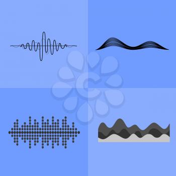 Equalizer interface represented by chaotic broken lines, symmetrical grids or waves vector illustration if icons isolated on blue background