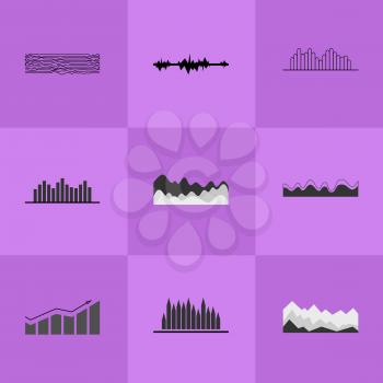 Collection of different charts of geometric elements, such as lines and arrow with curves, represented on vector illustration isolated on purple