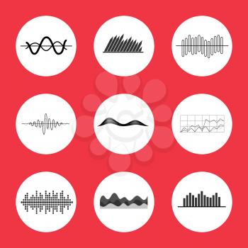 Charts, graphs and equalizer interface icons on set of nine pictures with bars, lines, waves and grids. Vector illustration with icons isolated on bright red