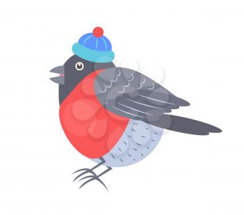 Bullfinch in knitted hat with red bubo icon isolated on white background. Vector illustration with beautiful bird in warm winter clothes