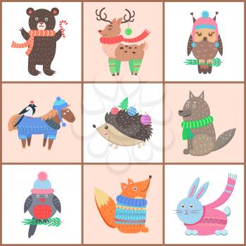 Set of posters with cute animals, fox and bear, reindeer and horse, hedgehog and wolf, rabbit and bullfinch vector illustration isolated on white