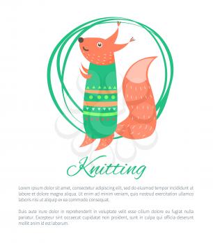 Knitting green sweater on funny toy squirrel vector illustration in hand made concept. Cute forest animal in warm winter cloth banner with text