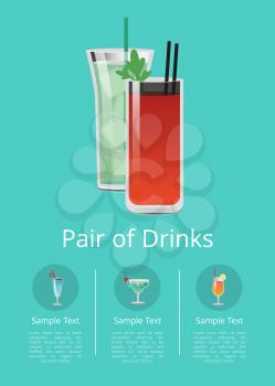 Pair of drinks promo poster with cocktails bloody mary and mojito, filled with ice, straw inside, vector illustration, beverages in circles at bottom