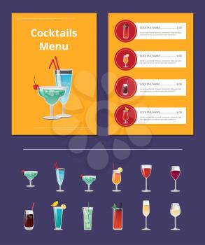 Cocktail menu advertisement poster with closeup of martini blue lagoon, vector illustration of drinks ingredients, types and price of cocktails list