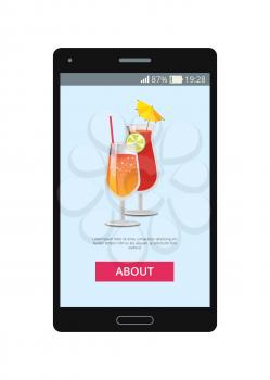 Lemonade cocktails decorated with straws and lemon on phone screen in mobile application vector illustration of online application with button about