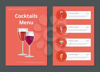 Cocktail menu advertisement poster with closeup of wineglasses, vector illustration of drinks ingredients, types and price on red background