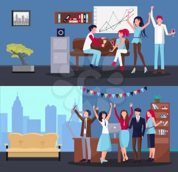 People partying at office, workplace including sofa, window and cityscape, bonsai and whiteboard, with flags as decoration on vector illustration