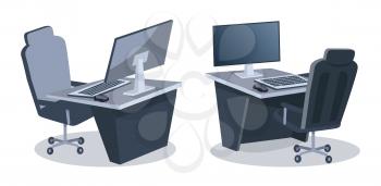 Two desks with computers and comfortable office chairs isolated on white background. Vector illustration with two desktops equipped with wide lcd monitors