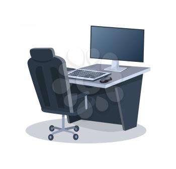 Desk with computer and chair isolated on white background. Vector illustration of workplace with comfortable office chair and gaming pc with huge monitor