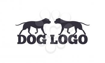 Dog logo design with two canine animals black silhouettes isolated on white background. Canine domestic dogs pedigree purebred vector illustrations