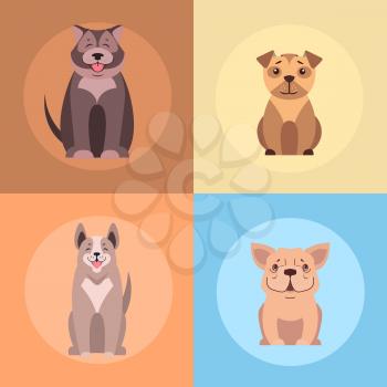 Cute dogs cartoon icons set. Happy doggies sitting with smiling muzzle and hanging out tongue flat vector on colorful background. Lovely purebred pets illustrationfor vet clinic, breed club or shop ad