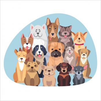 Concept of purebred dogs. Vector illustration of Bernese Mountain and Central Asian hounds, French and English Bulldog, Chihuahua and boxer, Jack Russell and Bull Terrier, puppy of Argentinian Dog.