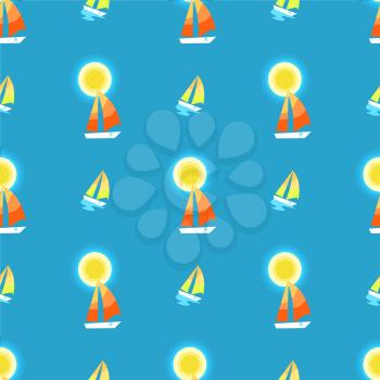 Seamless pattern with sun, yacht or sailing ship vector illustration on blue background. Endless texture with sea type of transport
