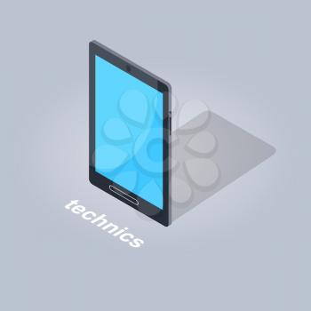 Technics concept black tablet computer icon flat design isolated on gray background. Map-case with blue screen vector illustration of electronic commerce in cartoon style, modern technologies