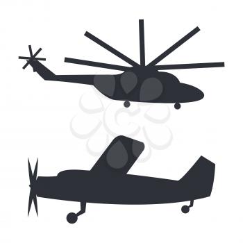 Helicopter and plane black silhouettes isolated on white vector illustration in flat design. Closeup poster of transports for flying