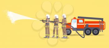 Vector illustration of three firefighters wearing helmets and uniform trying to put out flame with help of hose and water on yellow background
