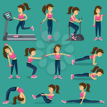 Woman that does physical exercise in sportswear on training apparatus and with jump rope isolated cartoon flat vector illustrations set.