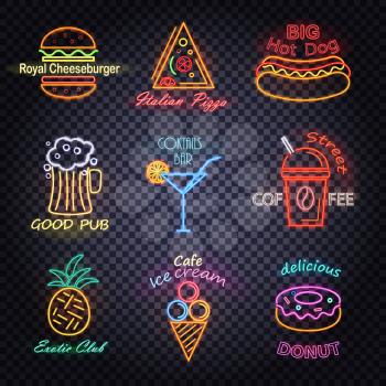 Royal cheeseburger, good pub, food and drinks neon labels with icons of pizza and ice-cream vector illustration isolated on transparent background