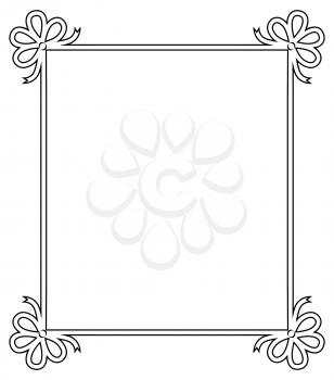 Ornamental frame with vintage decor elements, decorative bows in corners vector illustration in linear style isolated on white background
