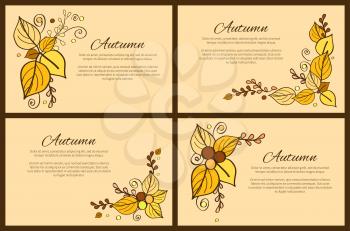 Autumn botanical poster season greeting cards set decorated by bouquet made of gold yellow leaves, fall foliage elements isolated on beige background