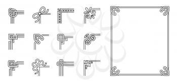 Set of ornamental corners in different style, vintage decorative elements, floral and geometric decor on borders vector illustrations set on white