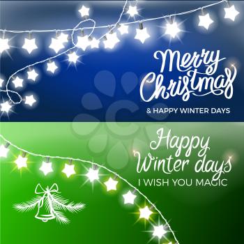 Merry Christmas and happy winter days congratulations on postcards with garland of small lamps in form of star vector illustrations.
