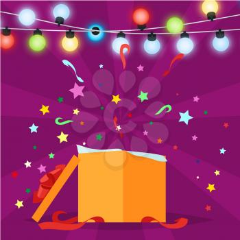 Gift box with Christmas lights of garland on purple. Vector illustration of opened New Year present wrapped in orange paper with confetti splashes