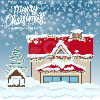 Merry Christmas and happy winter days wish on postcard with covered and snow house and Xmas tree near to it. Vector illustration of building in snowfall