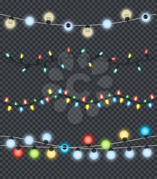 Festive garlands set of decorations with multicolor shiny lights, sparkling glittering Christmas lightbulbs vector illustration on transparency