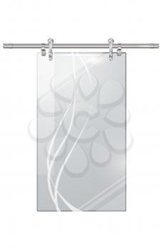 Moving transparent glass door without doorhandle on white background. Automatic entry object with thin wavy lines hanged up to long metal thing. Entrance for city malls, big shops vector