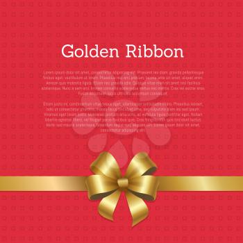 Golden ribbon certificate or greeting card design with crossed tapes with gold bow in left corner of vector with text isolated on red with squares