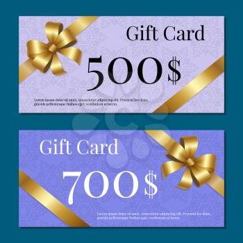 Gift Card 500-700 set of voucher certificates for discounts in fashionable stores vector. Posters with gold ribbons and bows on purple and blue