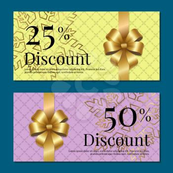 Discount on 50 25 percent set of posters with gold ribbons and bows on purple and yellow with snowflakes Gift certificates vouchers with place for text